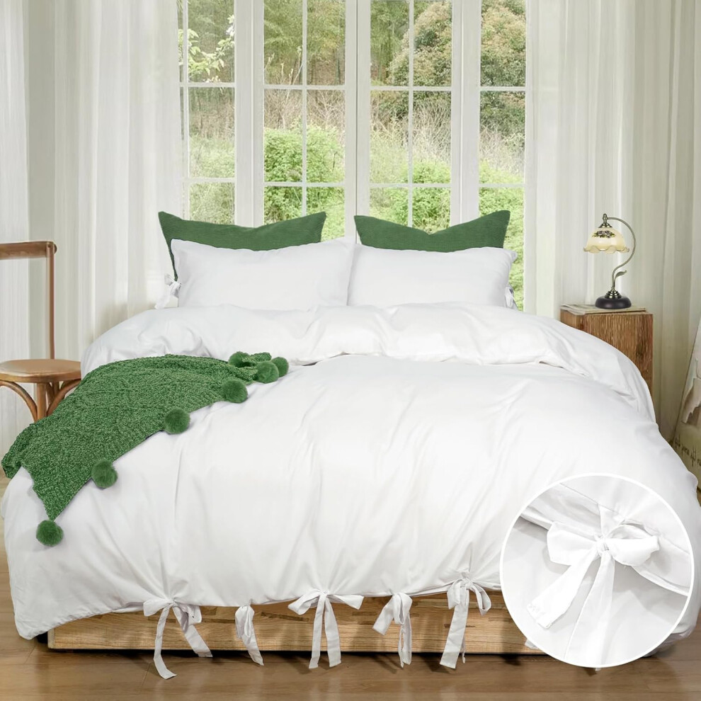 (White 02, King) Washed Soft Duvet Cover King Size, 3PCS Stylish Bowknot Duvet Cover Set, Ultra Soft Comfy Durable Chic Duvet Comforter Cover with Pillow ...