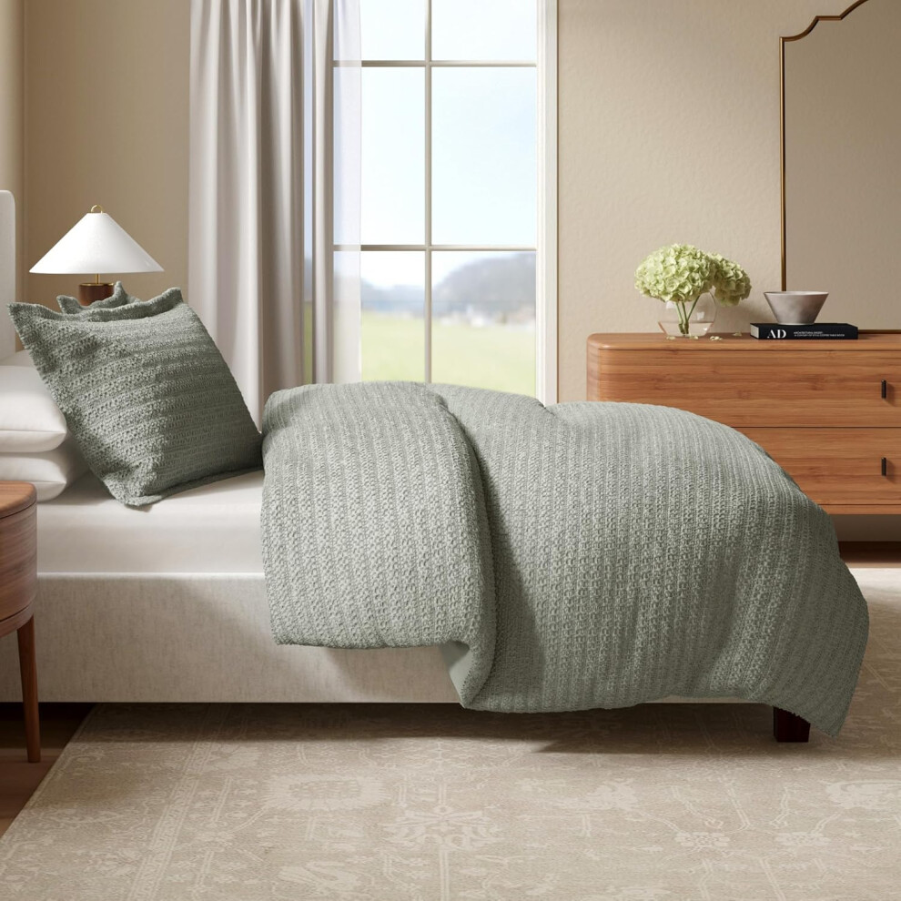 (Natural, Full / Queen) Great Bay Home 100% Natural Cotton Duvet Cover Set, King/California King Size - Waffle Weave Eucalyptus Green Duvet Cover with Button Clo...