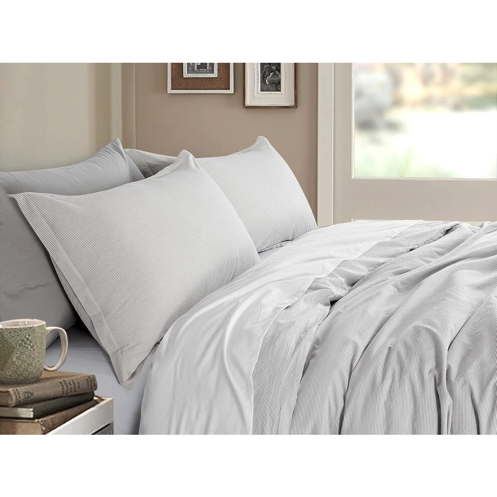 Get Bed Ready Stonewashed Cotton Bengal Pinstripe Chambray Duvet Cover Relaxed Minimal Classical Style Bedding Set Yarn Dyed Natural Clas...