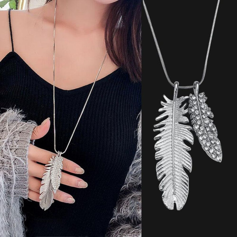 (abyss) Statement Leaves Feather Shaped Long Necklaces For Women Crystal Choker Necklace Pendants Fashion Sweater Chain Charm Jewelry Gifts