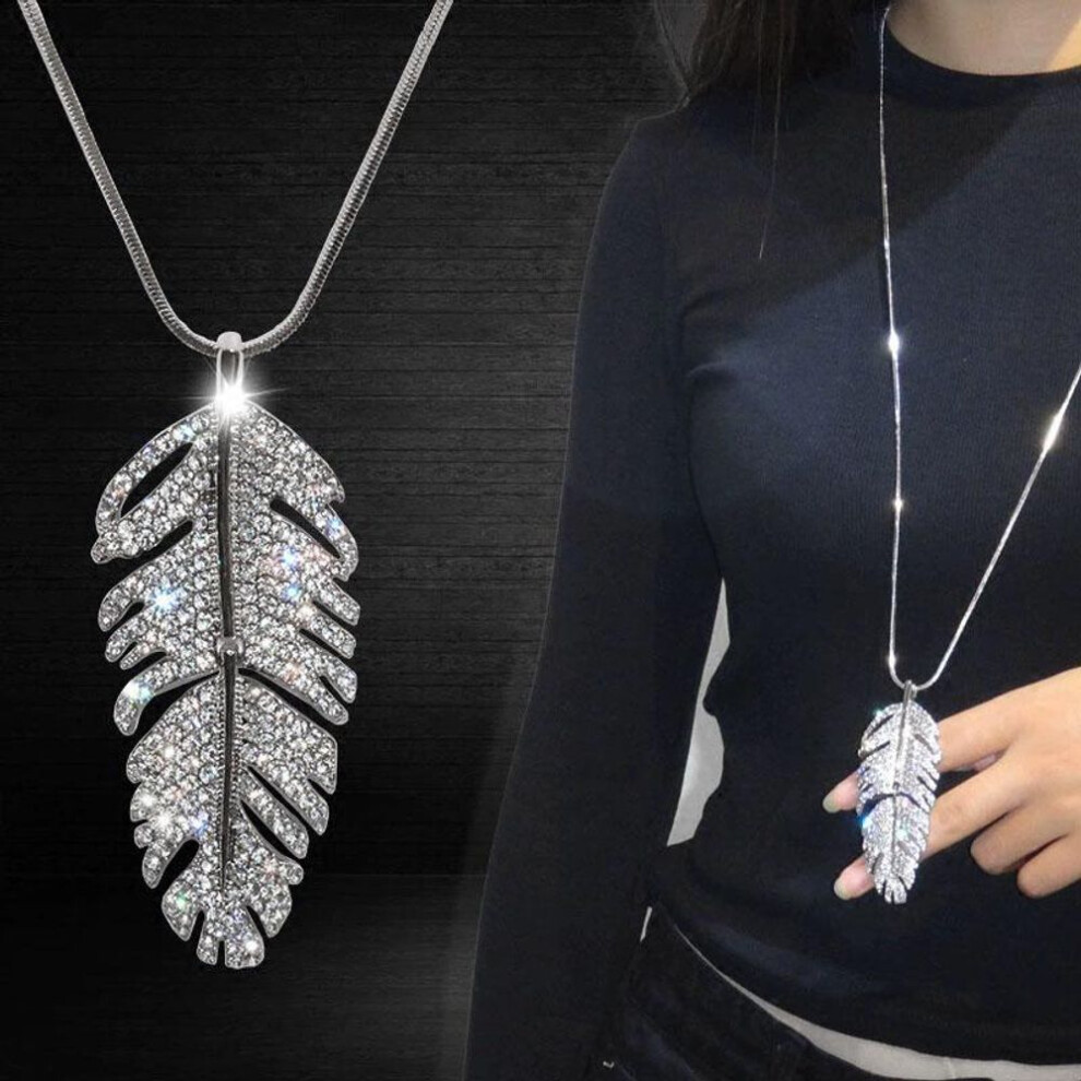 (aero) Statement Leaves Feather Shaped Long Necklaces For Women Crystal Choker Necklace Pendants Fashion Sweater Chain Charm Jewelry Gifts