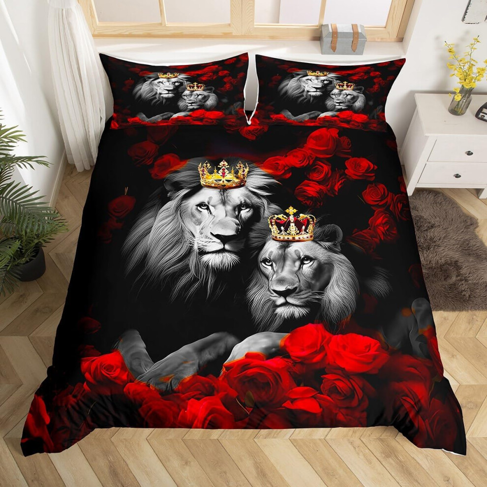(Multi 12, Twin) jejeloiu Wild Lion Couple Bedding Set Queen Size Couple Red Rose Floral Comforter Cover Set for Girls Women Lover Gold King and Queen Cro...