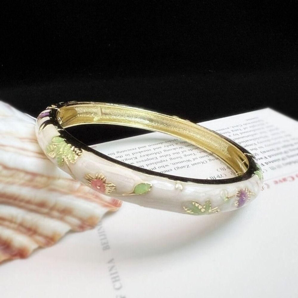 (white) Enamel Peony Filigree Flower Bangle Double Bangle Women's Hand Bracelet  Gifts for Women Girl