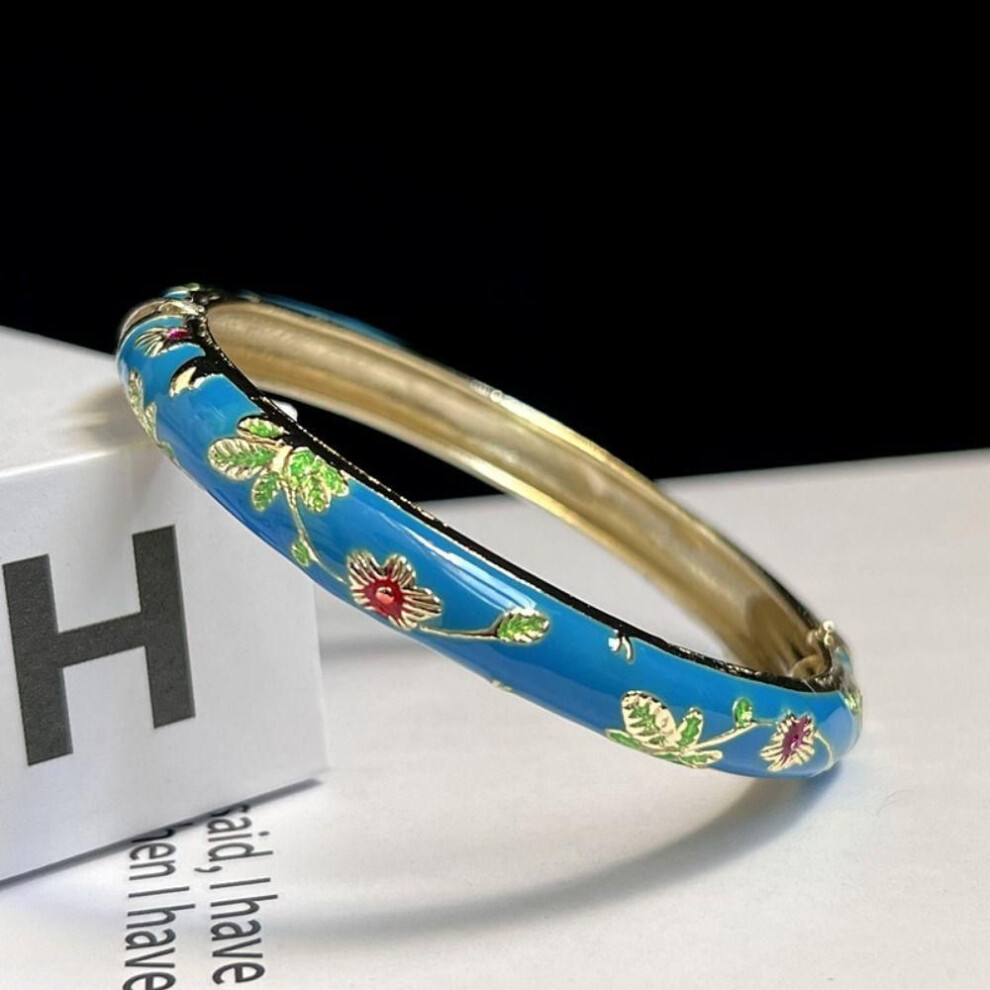 (blue) Enamel Peony Filigree Flower Bangle Double Bangle Women's Hand Bracelet  Gifts for Women Girl
