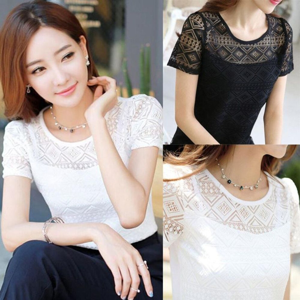 (M, white) Women Summer Casual Blouse Femme Lace Hollow Chiffon Short Sleeved Shirt Slim Fit Blusa Feminina Tops