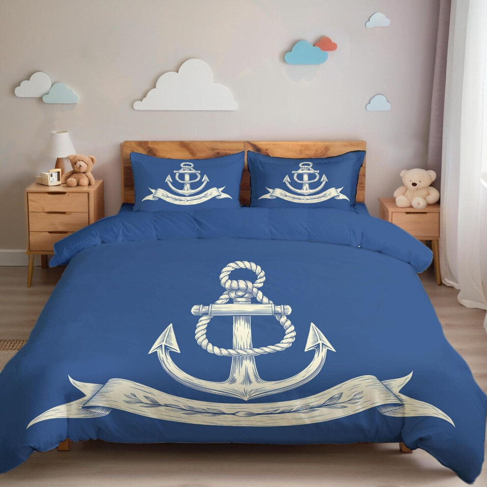 (White-7, Double 200 x 200 cm) Cartoon Anchor Duvet Cover Set, Reversible Two Sided Simple Cable Duvet Quilt Fitted, Boys Girls Kids Bedding Set Super King Soft Kids Ch...