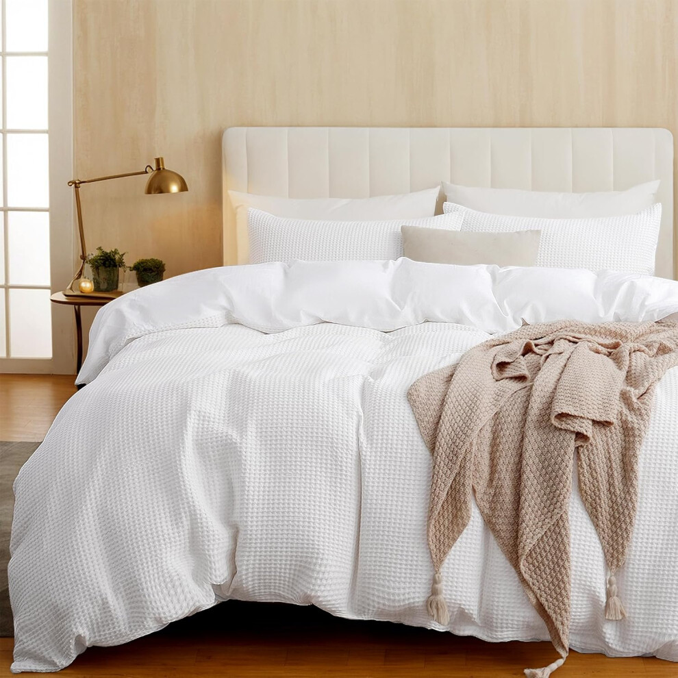(White, King (104" x 90")) ATsense Duvet Cover King Size - 100% Cotton Waffle Weave White Comforter Cover, Luxury, Soft and Breathable 3 Pieces Duvet Cover Set, for...