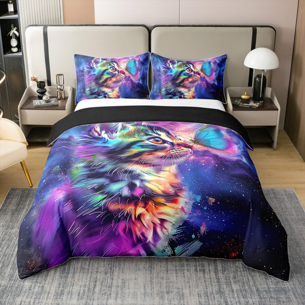 (Navy Blue Teal Pink, Super King) Cute Cat 100% Cotton Duvet Cover Double, Purple Galaxy Soft Bedding Set, Blue Butterfly Universe Glitter Stars Comforter Cover For Kids B...