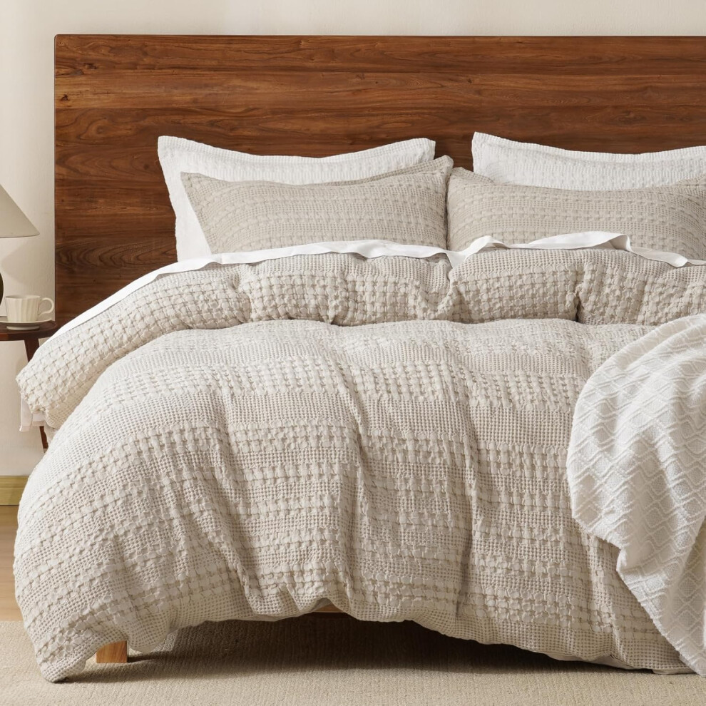 (Oatmeal (No Comforter), King) PHF 100% Cotton Waffle Duvet Cover King Size, Soft Breathable Cotton Bedding Duvet Cover Set for All Season, Weave Luxury Textured Design...