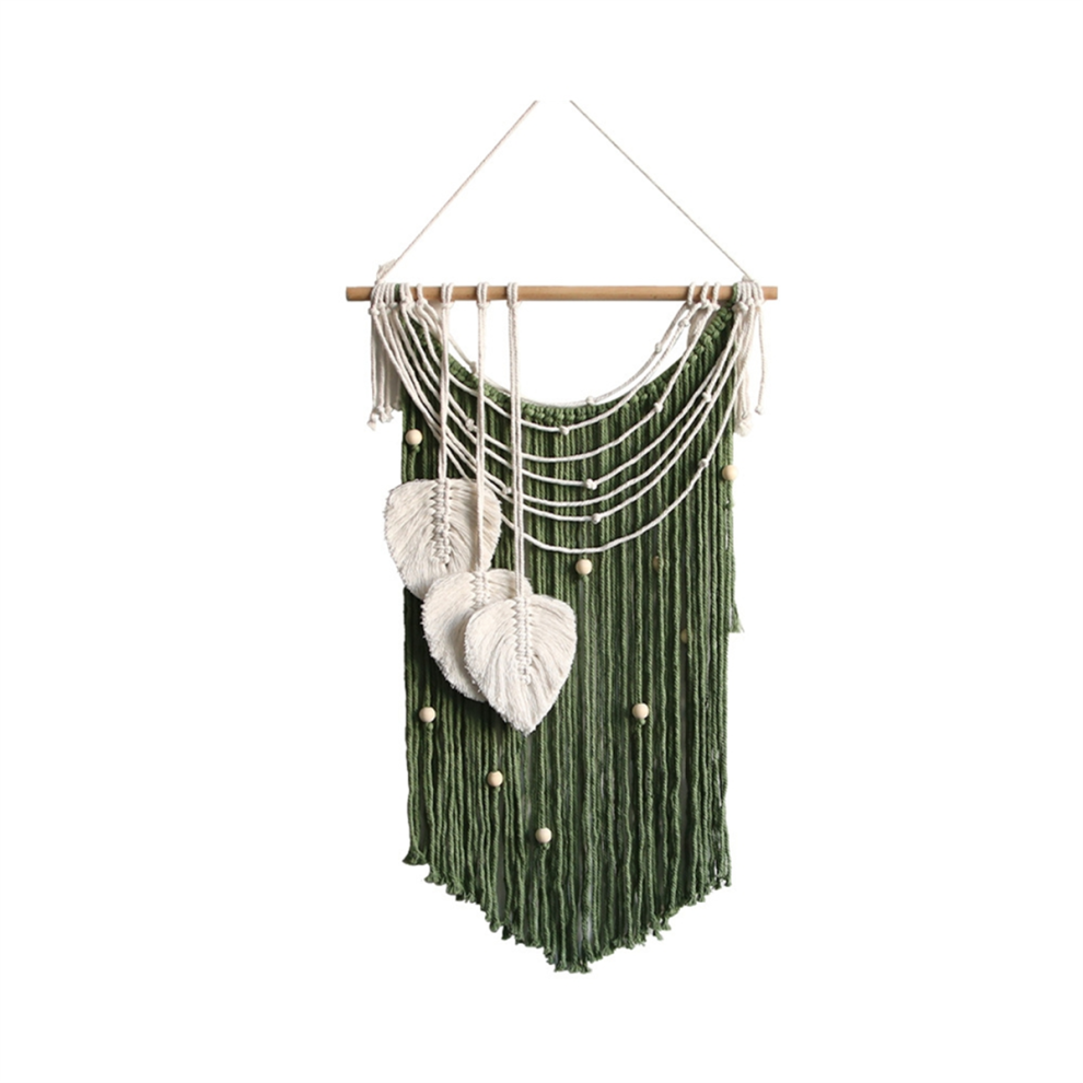 Tapisserie faite à la main en soie filée à cœur de feuille, tapisserie à pompons verte