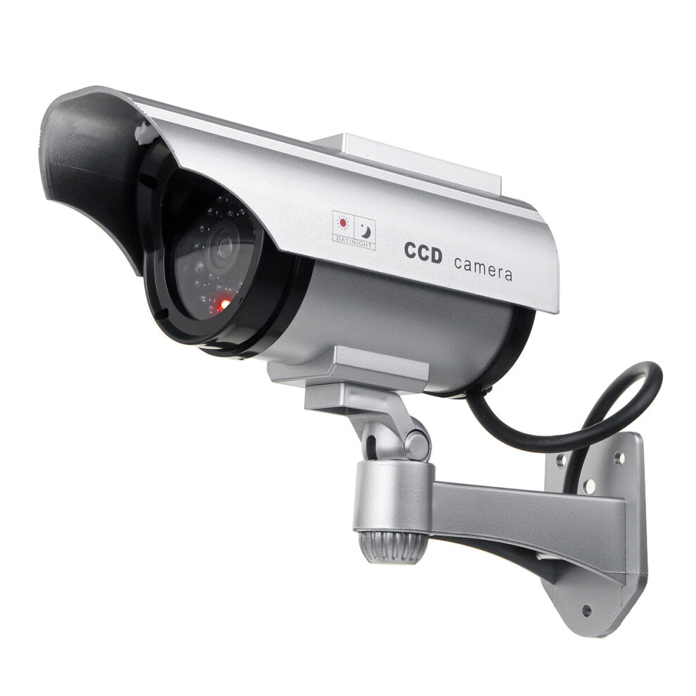(Silver) Solar Power Camera CCTV Realistic Dummy Security Cam Blinking Outdoor