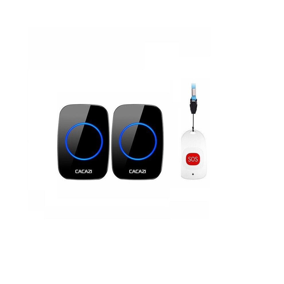 (Black, EU Plug) Smart Home Wireless Pager Doorbell Old Man Emergency Alarm 80m Remote Call Bell 1 Button 2 Receiver