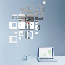 (Silver) DIY Wall Clock 3D Crystal Mirror Living Room Office Sticker Home Modern