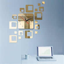 (Light Gold) DIY Wall Clock 3D Crystal Mirror Living Room Office Sticker Home Modern