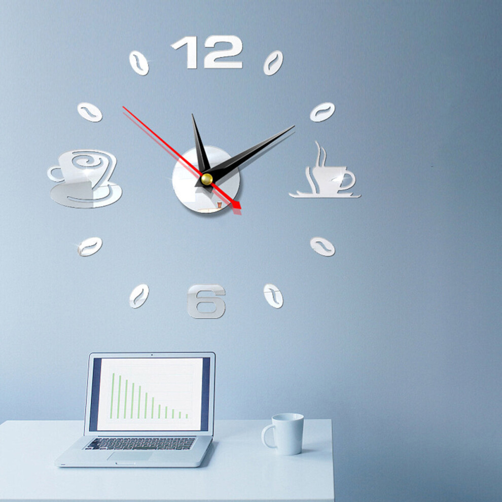 (Silver) DIY Wall Clock Acrylic Mirror Sticker Self-Adhesive Home Decoration 3D