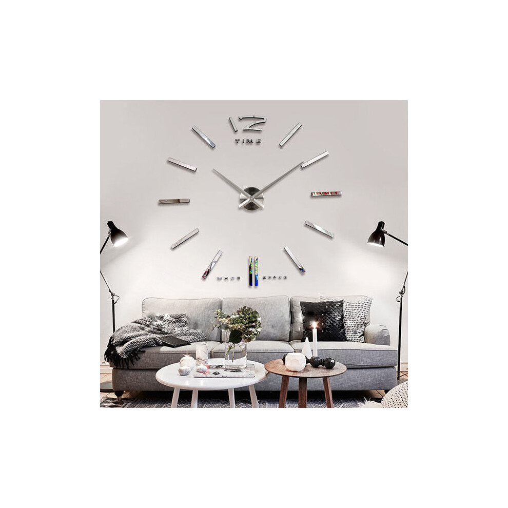 Big Large DIY Frameless Wall Clock Kit 3D Mirror Decoration Silver