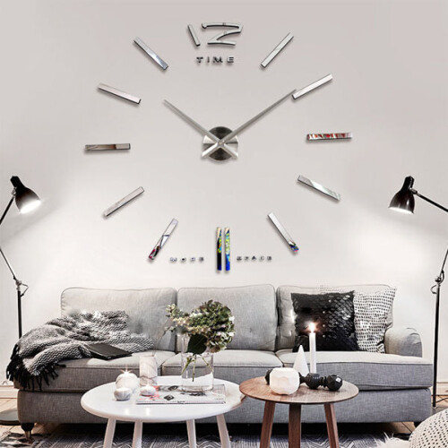 Big Large DIY Frameless Wall Clock Kit 3D Mirror Decoration Silver 2