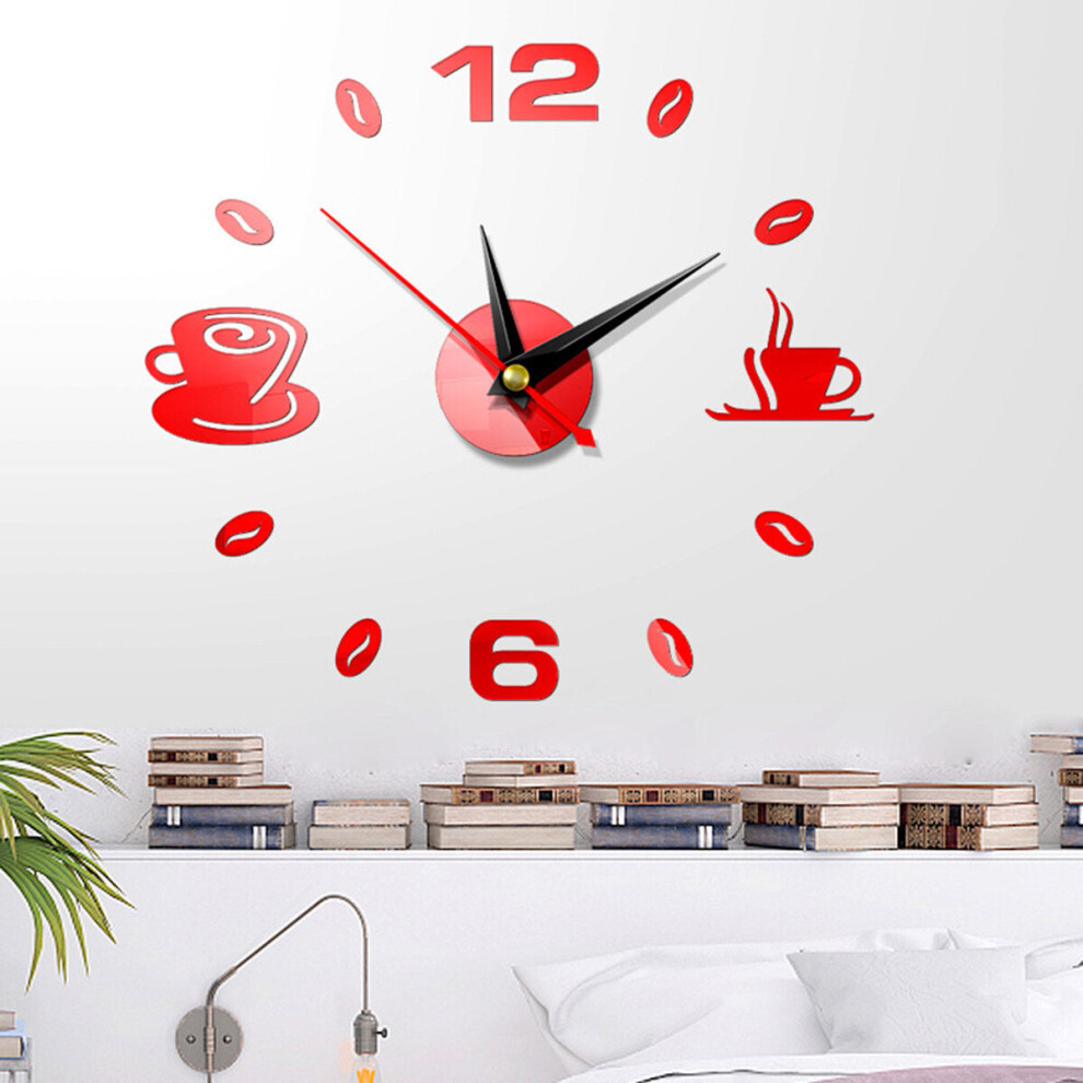 (Red) DIY Wall Clock Acrylic Mirror Sticker Self-Adhesive Home Decoration 3D