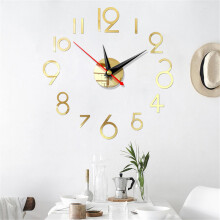 (Light Gold) DIY Wall Clock 3D Surface Mirror Numerals Room Office Sticker Home Modern