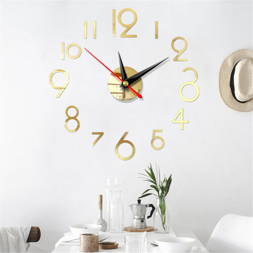 (Light Gold) DIY Wall Clock 3D Surface Mirror Numerals Room Office Sticker Home Modern