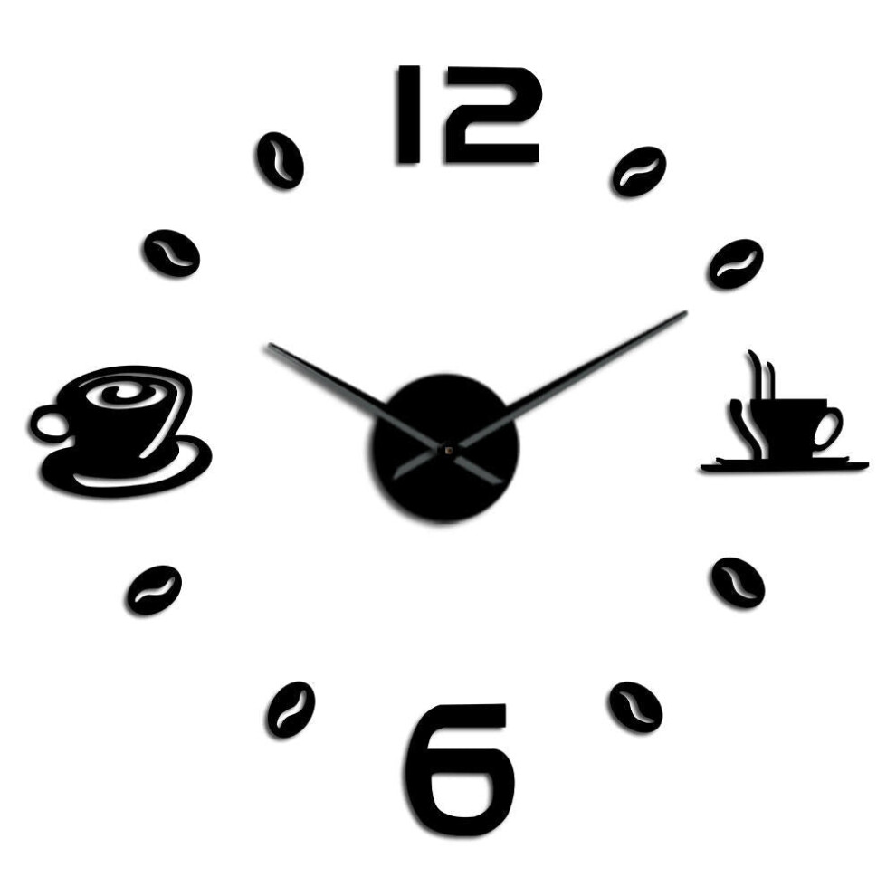 (Black, 37 inch) Cafe DIY Large Wall Clock Frameless Giant Wall Clock Modern Design Cafe Coffee Mug Coffee Bean Wall Decor Kitchen Wall Watch
