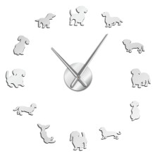 (Silver, 47 inch) DIY Dachshund Wall Art Puppy Dog Pet Frameless Giant Wall Clock With Mirror Effect Sausage Dog Large Clock Wall Watch
