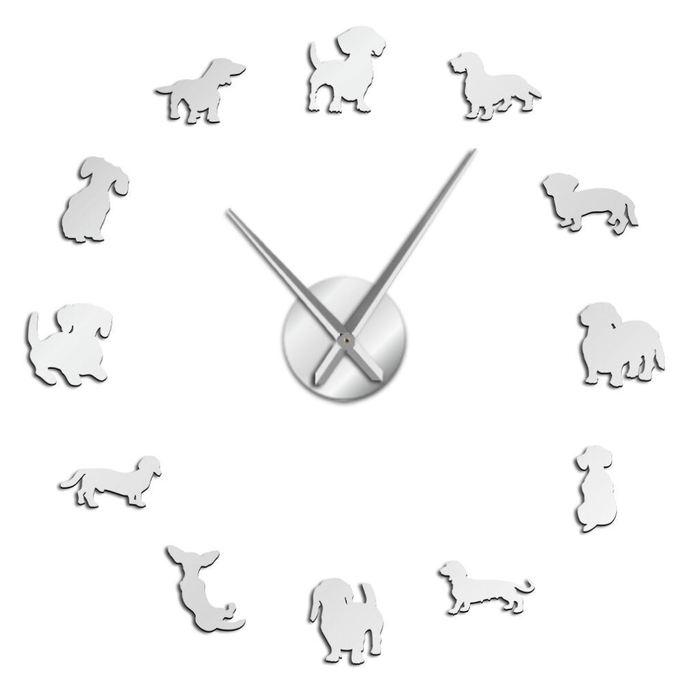(Silver, 37 inch) DIY Dachshund Wall Art Puppy Dog Pet Frameless Giant Wall Clock With Mirror Effect Sausage Dog Large Clock Wall Watch