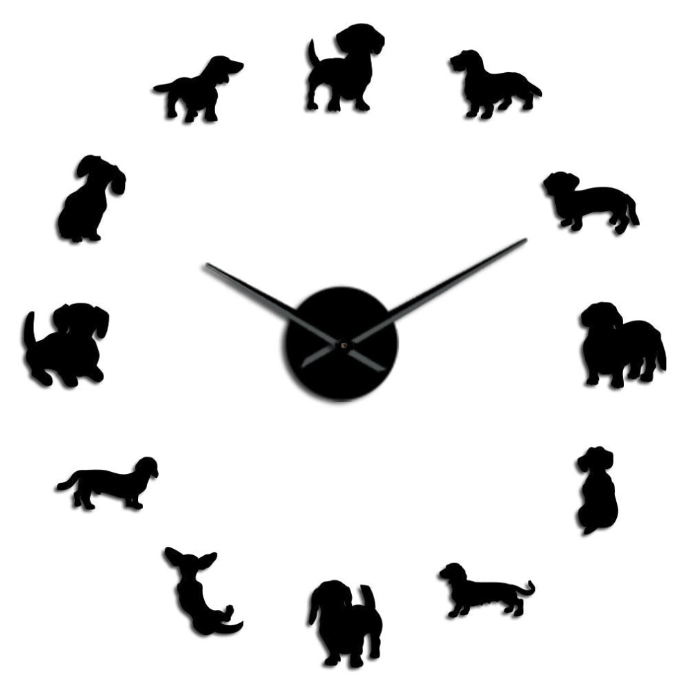(Black, 47 inch) DIY Dachshund Wall Art Puppy Dog Pet Frameless Giant Wall Clock With Mirror Effect Sausage Dog Large Clock Wall Watch