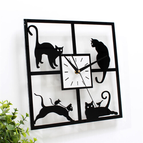 Four Cat Pattern Acrylic Wall Clock Black Quartz Bedroom Living Room 2
