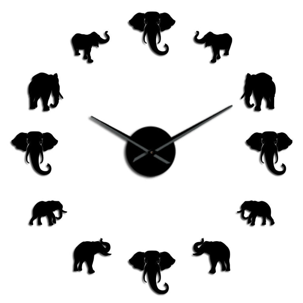 (Black, 37 inch) Jungle Animals Elephant DIY Wall Clock Home Decor Modern Design Mirror Effect Giant Frameless