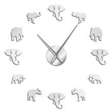 (Silver, 37 inch) Jungle Animals Elephant DIY Wall Clock Home Decor Modern Design Mirror Effect Giant Frameless