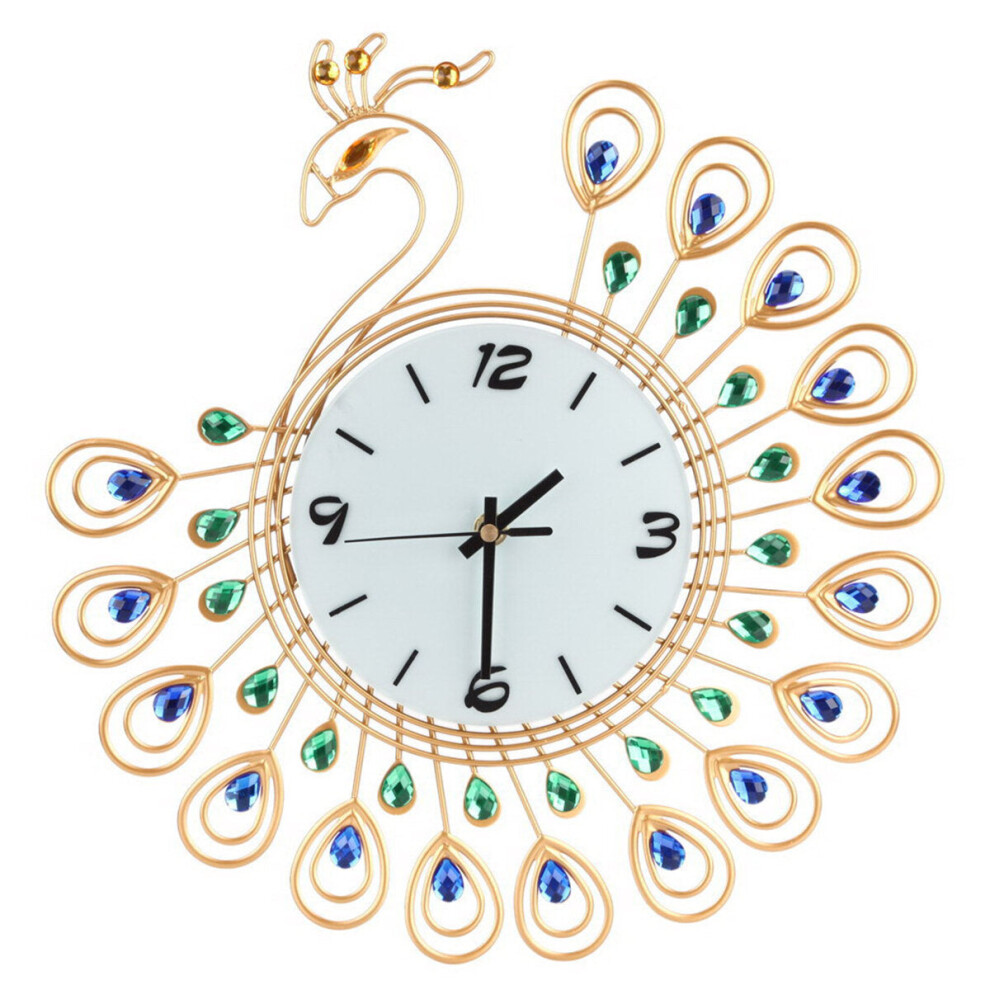 (Gold) Large 3D Gold Diamond Peacock Wall Clock Metal Watch For Home Living Room Decoration DIY Clocks Crafts Ornaments Gift