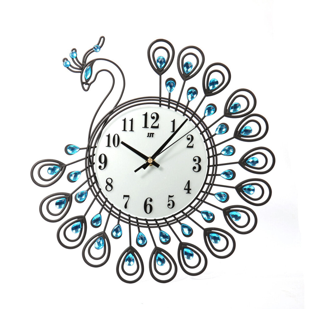 (Black) Large 3D Gold Diamond Peacock Wall Clock Metal Watch For Home Living Room Decoration DIY Clocks Crafts Ornaments Gift