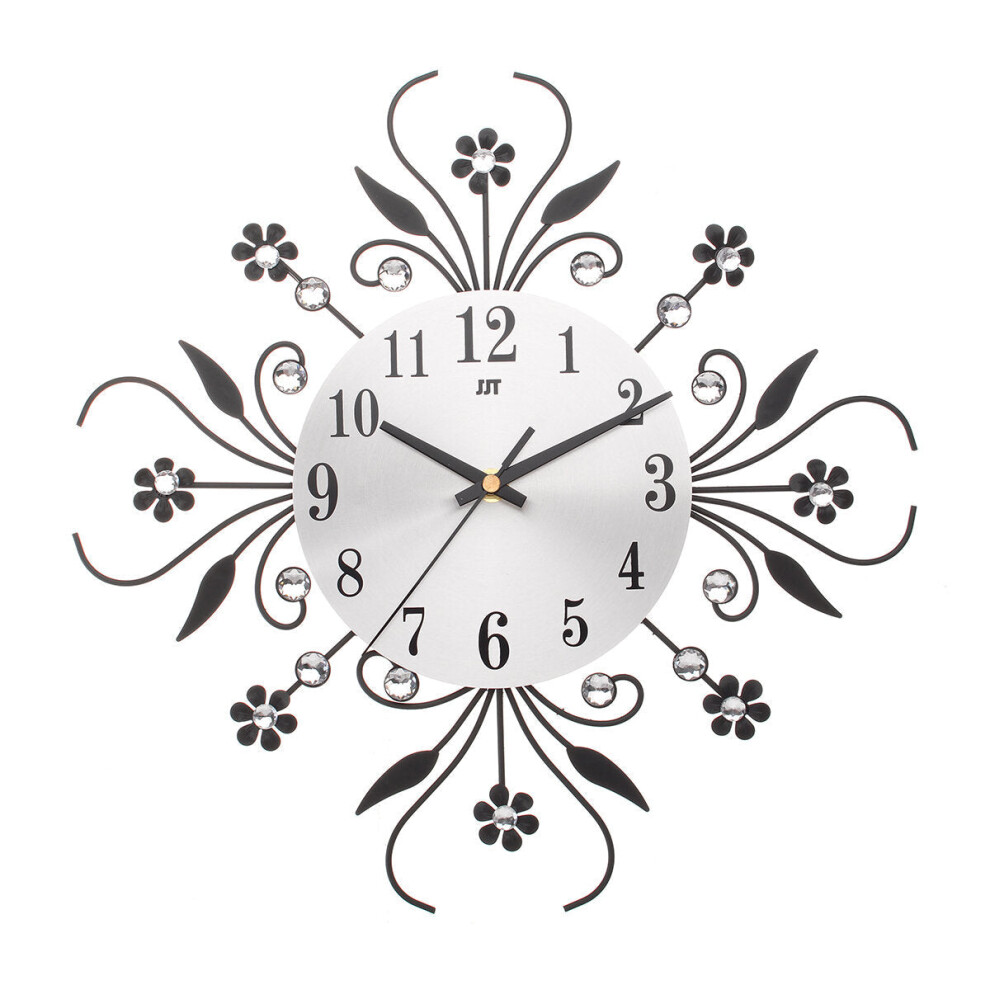 (Black) Large 3D Luxury Wall Clock Metal Modern Art Diamonds Flower Home Room Decor