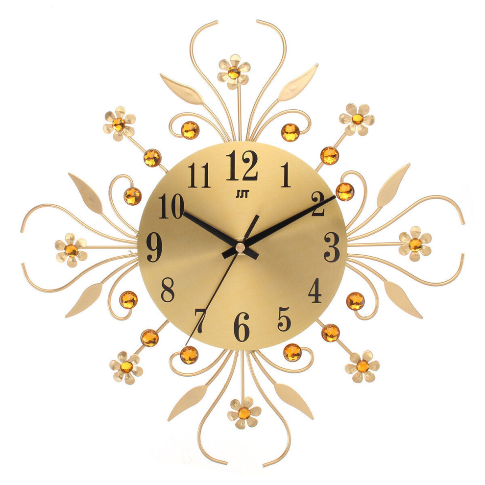 (Gold) Large 3D Luxury Wall Clock Metal Modern Art Diamonds Flower Home Room Decor