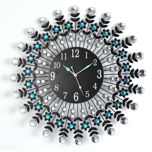Large Modern 3D Crystal Wall Clock Luxury Round Dial Black Drops Home Office 1