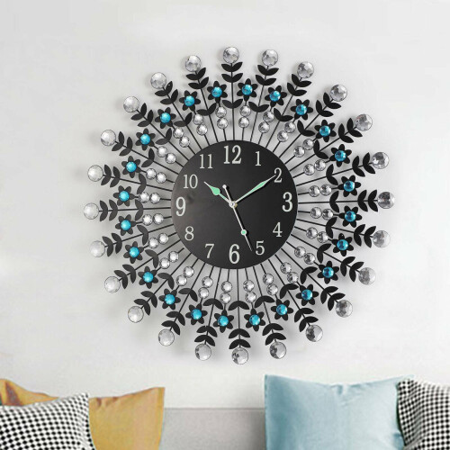 Large Modern 3D Crystal Wall Clock Luxury Round Dial Black Drops Home Office