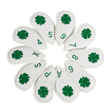 Leather Golf Club Iron Head Covers | 10 Piece Set | White with Green 4 Leaf Clover Shamrock