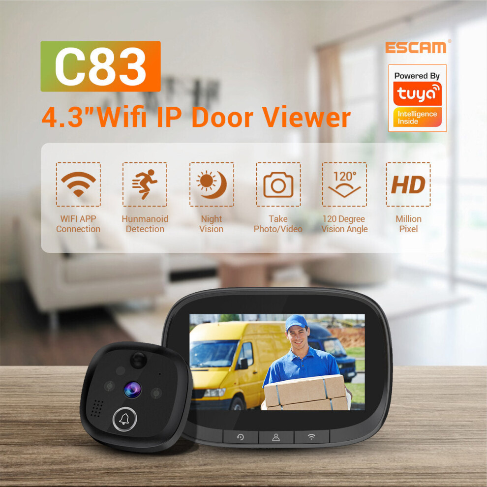 Wireless Doorbell 4.3inch WIFI IP Door Viewer HD Night Vision 120 can Take Photo and Video PIR Motion Detection Two Way Audio
