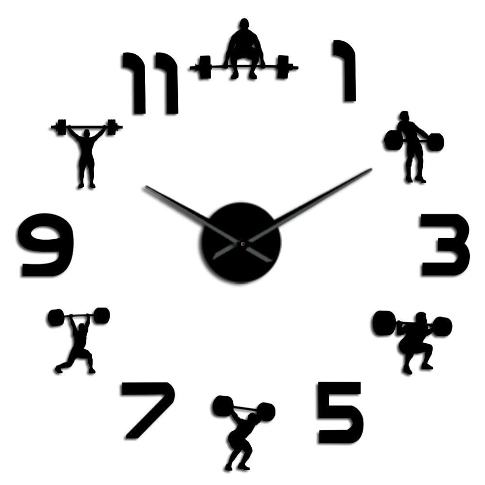 (Black, 47 inch) Fitness Room Wall Decor DIY Giant Wall Clock Mirror Effect Powerlifting Frameless Large Wall Clock Wall Watch