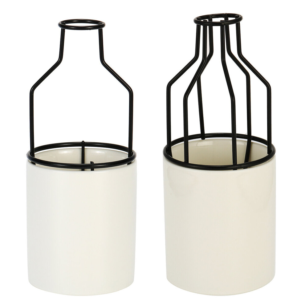 (Black, Six Sides) Metal Wrought Iron Vase Ceramic Material Desktop Decorations for Home