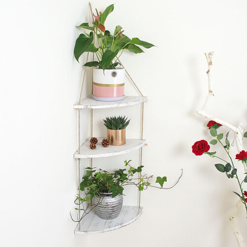 (Brown) 3-Tier Wall-mounted Floating Hanging Rack Corner Shelf Organizer Decor 2