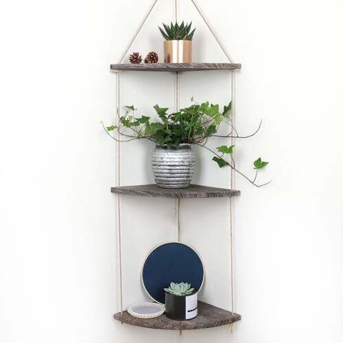 (Brown) 3-Tier Wall-mounted Floating Hanging Rack Corner Shelf Organizer Decor 1