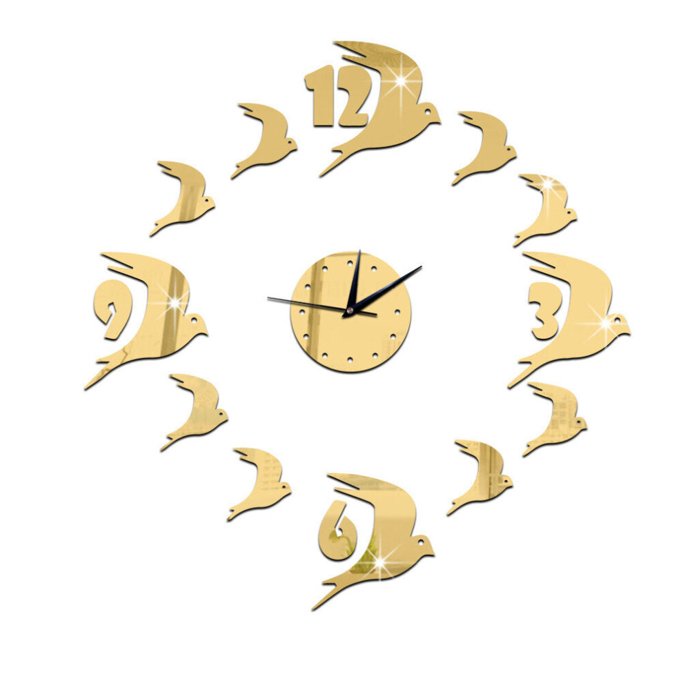 (Gold) Diy Swallow Bird Crystal Acrylic Mirror Wall Clock Stereo Silent Quartz Clock Wall Sticker
