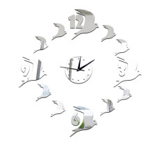 (Silver) Diy Swallow Bird Crystal Acrylic Mirror Wall Clock Stereo Silent Quartz Clock Wall Sticker