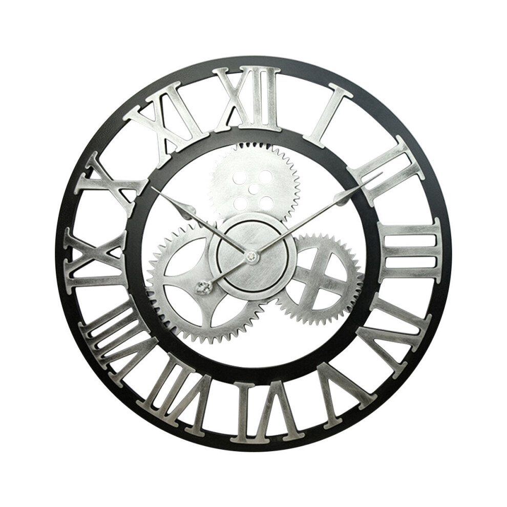 (Silver) Vintage Handmade Clock Large Gear Wall Clock Rustic Wooden Luxury Art Home Decoration