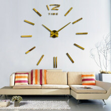 (Gold) Modern DIY Wall Clock Large Frameless 3D Wall Clock Mirror Stickers Silent Home Living Room Office D