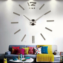 (Silver) Modern DIY Wall Clock Large Frameless 3D Wall Clock Mirror Stickers Silent Home Living Room Office D