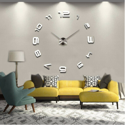 (Silver) Large DIY 3D Wall Clock Home Decor Mirror Sticker Art Decorative Clock
