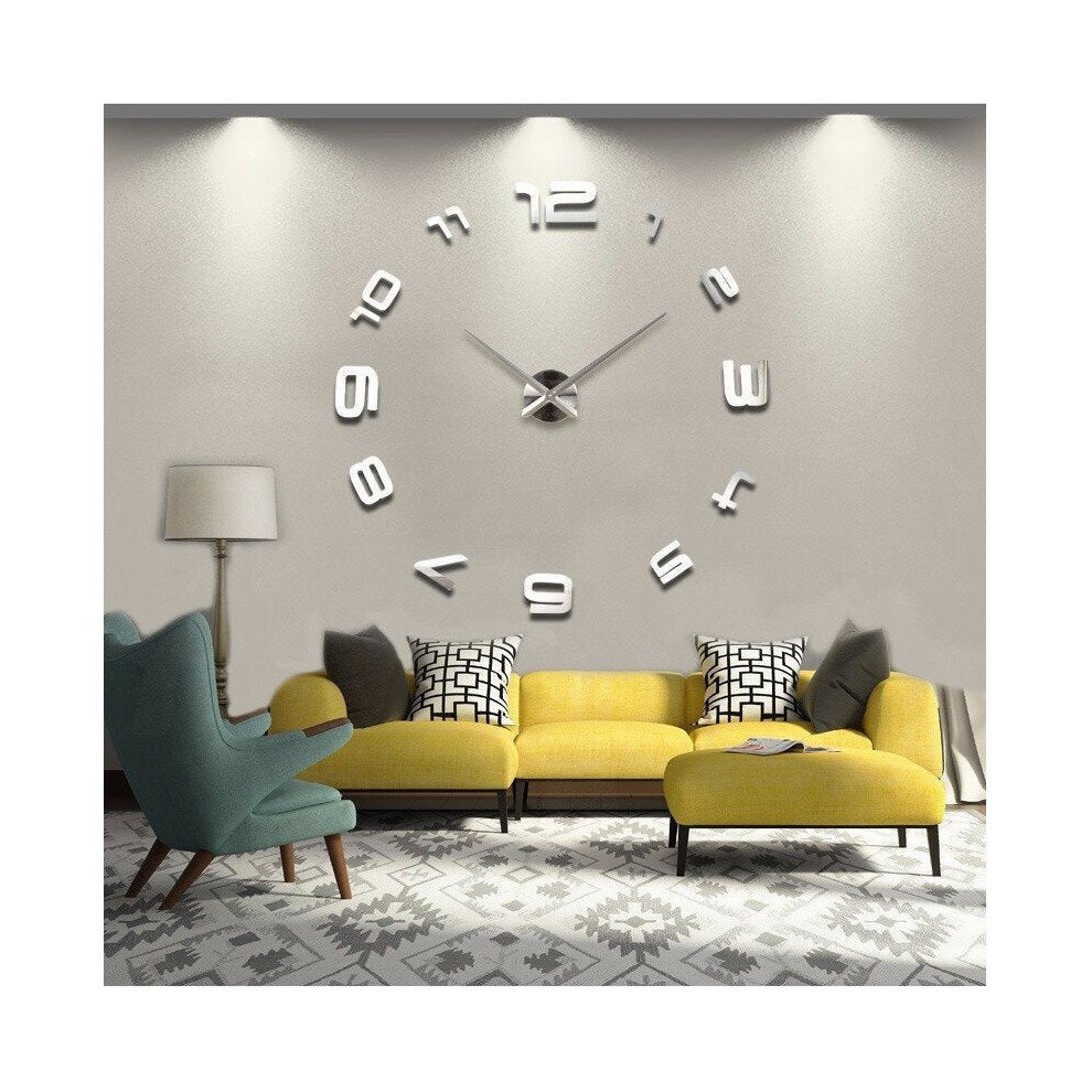 (Silver) Large DIY 3D Wall Clock Home Decor Mirror Sticker Art Decorative Clock